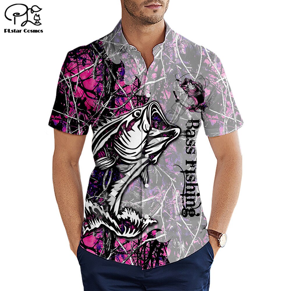 Hawaiian beach 여름 패션 반팔 셔츠 animal Bass Fishing Camo Print 3d Mens shirt Harajuku Tee shirts ping